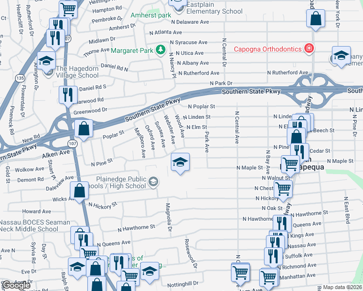map of restaurants, bars, coffee shops, grocery stores, and more near 4 Webster Avenue in Massapequa