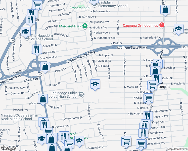 map of restaurants, bars, coffee shops, grocery stores, and more near 4 Webster Avenue in Massapequa