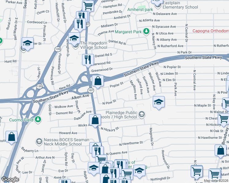 map of restaurants, bars, coffee shops, grocery stores, and more near 20 Poplar Street in Massapequa