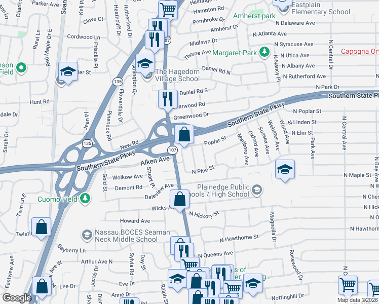 map of restaurants, bars, coffee shops, grocery stores, and more near 10 Poplar Street in Massapequa