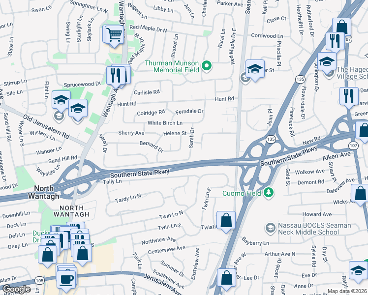 map of restaurants, bars, coffee shops, grocery stores, and more near 3778 Bernard Drive in Wantagh