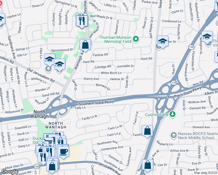 map of restaurants, bars, coffee shops, grocery stores, and more near 3723 Sandra Court in Wantagh