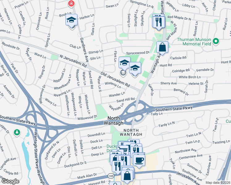 map of restaurants, bars, coffee shops, grocery stores, and more near 26 Woodgreen Lane in Wantagh