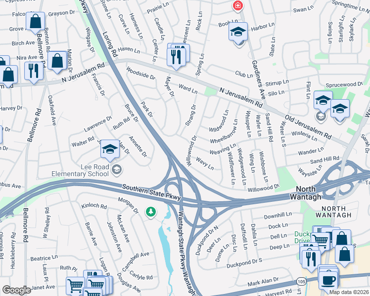 map of restaurants, bars, coffee shops, grocery stores, and more near 101 Weaving Lane in Wantagh