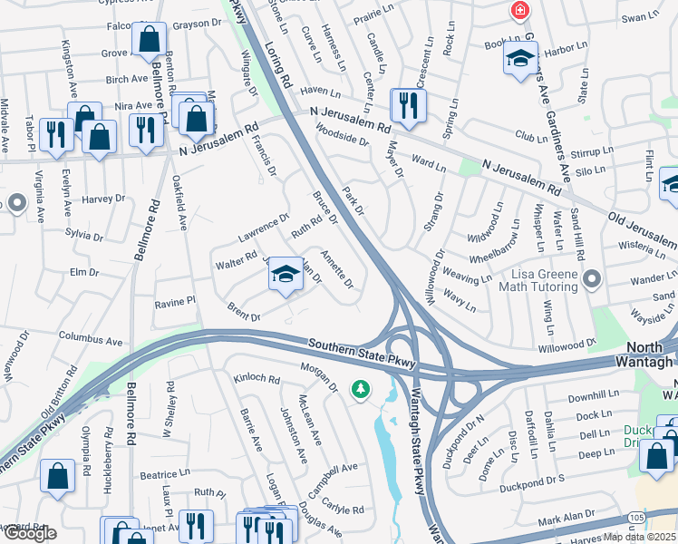 map of restaurants, bars, coffee shops, grocery stores, and more near 909 Annette Drive in Wantagh