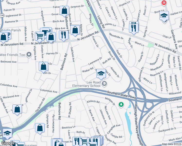 map of restaurants, bars, coffee shops, grocery stores, and more near 2852 Walter Road in Wantagh