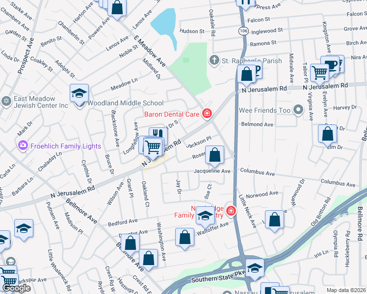 map of restaurants, bars, coffee shops, grocery stores, and more near 891 Fams Court in East Meadow