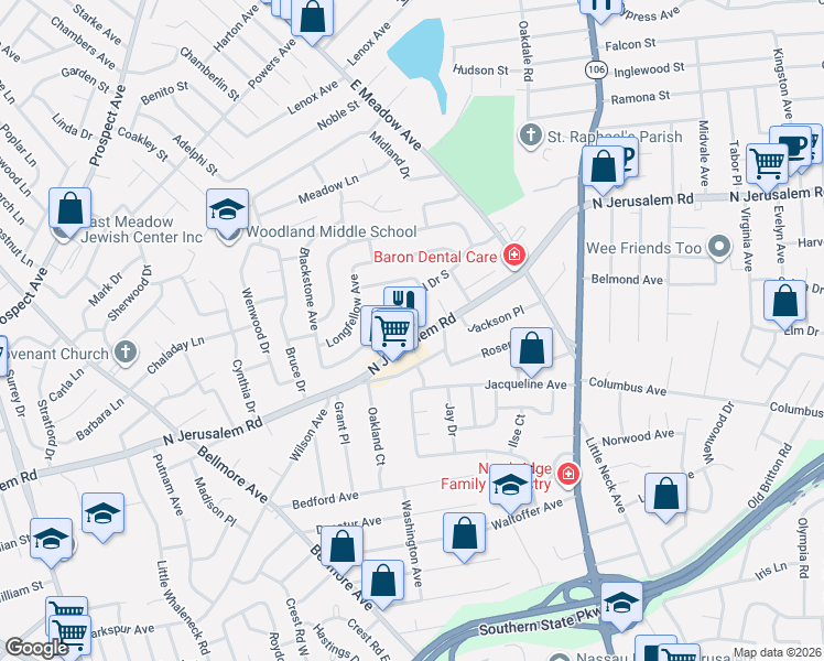 map of restaurants, bars, coffee shops, grocery stores, and more near 2068 Central Drive South in East Meadow