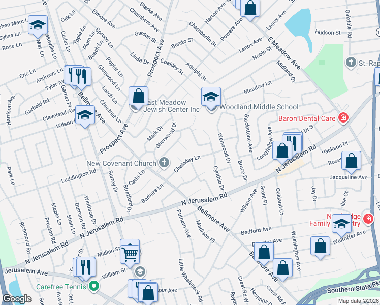 map of restaurants, bars, coffee shops, grocery stores, and more near 725 Maxwell Drive in East Meadow