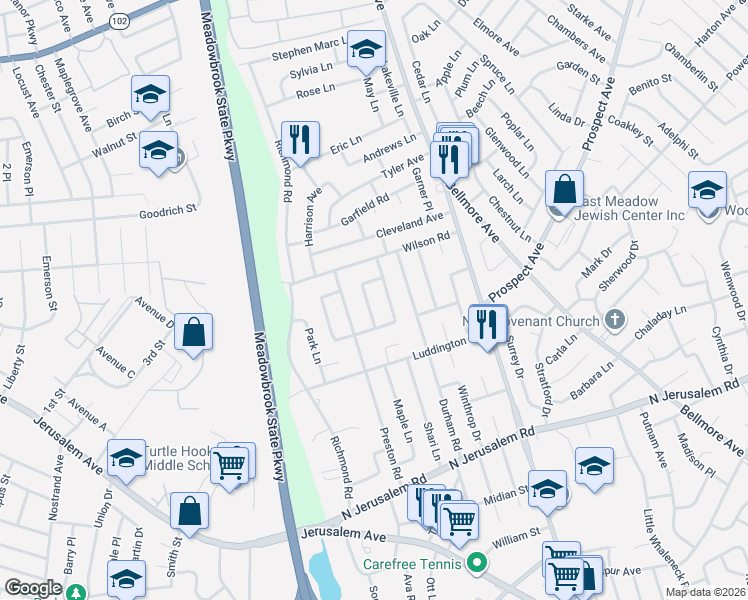 map of restaurants, bars, coffee shops, grocery stores, and more near 737 Buchanan Road in East Meadow