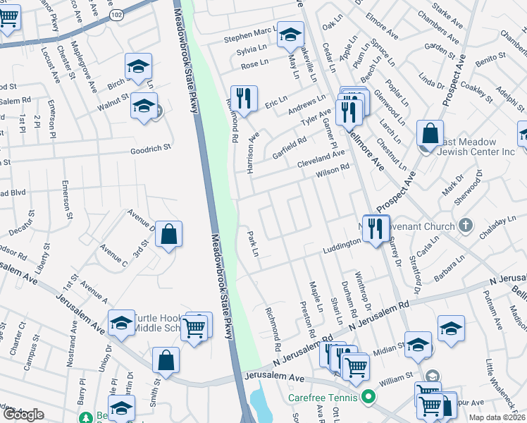 map of restaurants, bars, coffee shops, grocery stores, and more near 720 Truman Avenue in East Meadow