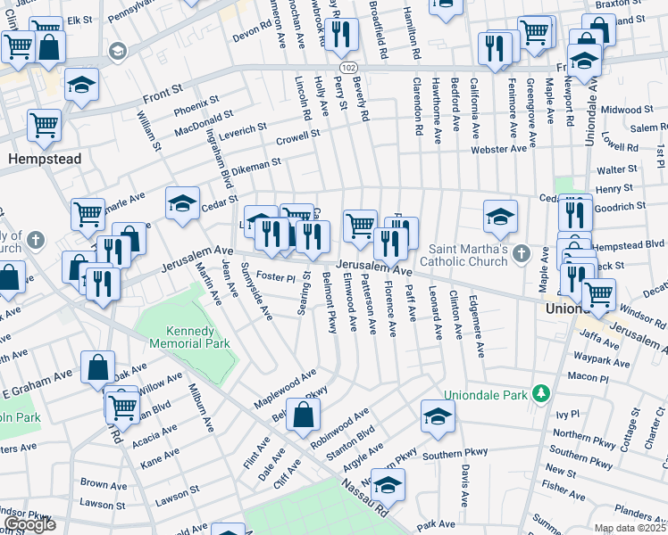 map of restaurants, bars, coffee shops, grocery stores, and more near 5 Belmont Parkway in Hempstead