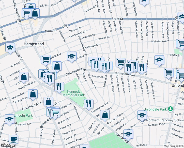 map of restaurants, bars, coffee shops, grocery stores, and more near 268 Jerusalem Avenue in Hempstead