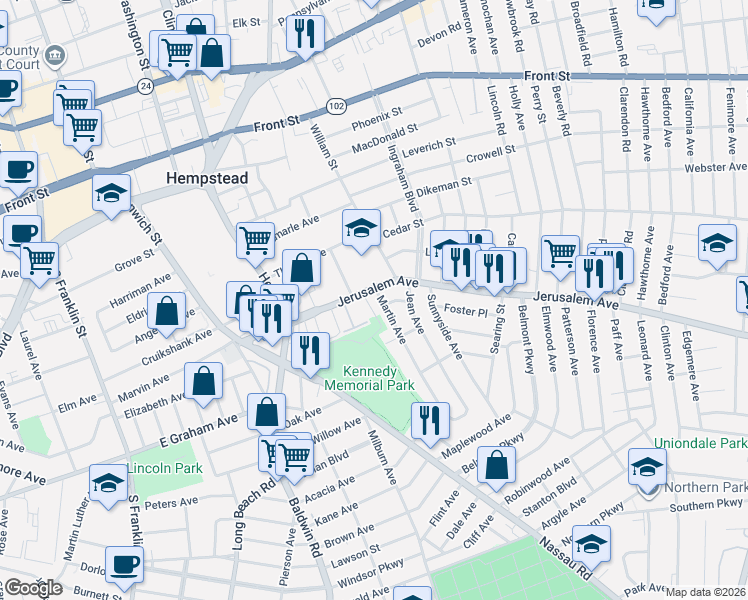 map of restaurants, bars, coffee shops, grocery stores, and more near 174 Jerusalem Avenue in Hempstead
