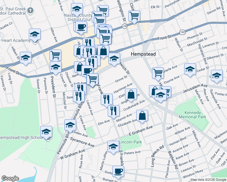 map of restaurants, bars, coffee shops, grocery stores, and more near 78 Grove Street in Hempstead