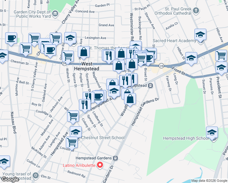 map of restaurants, bars, coffee shops, grocery stores, and more near 79 Elton Street in West Hempstead