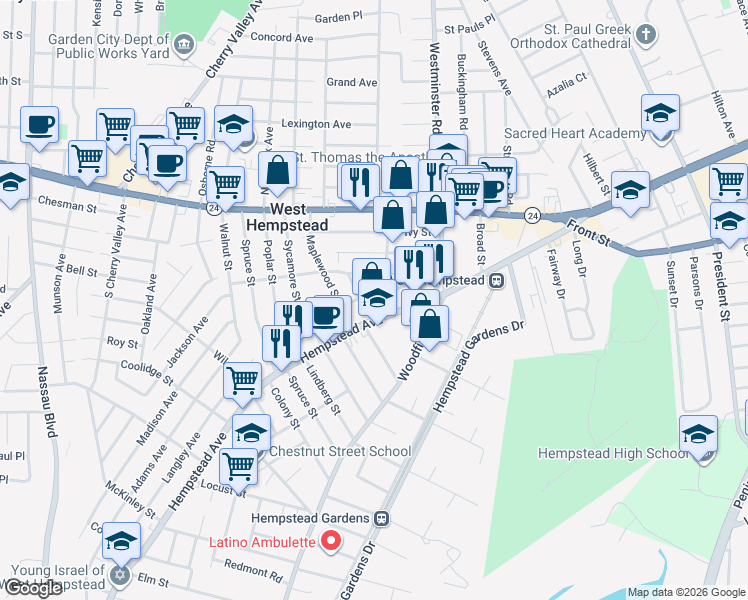 map of restaurants, bars, coffee shops, grocery stores, and more near 79 Elton Street in West Hempstead
