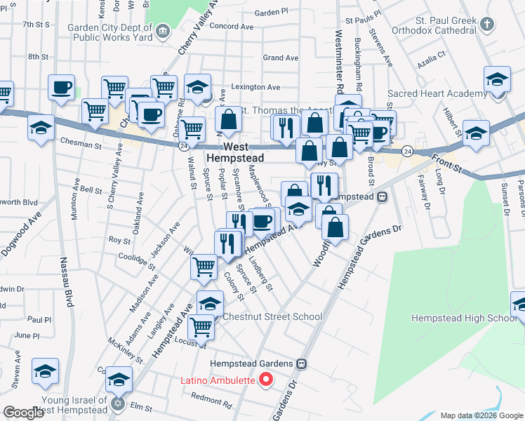 map of restaurants, bars, coffee shops, grocery stores, and more near 92 Maplewood Street in West Hempstead