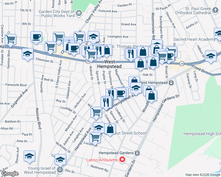 map of restaurants, bars, coffee shops, grocery stores, and more near 86 Sycamore Street in West Hempstead