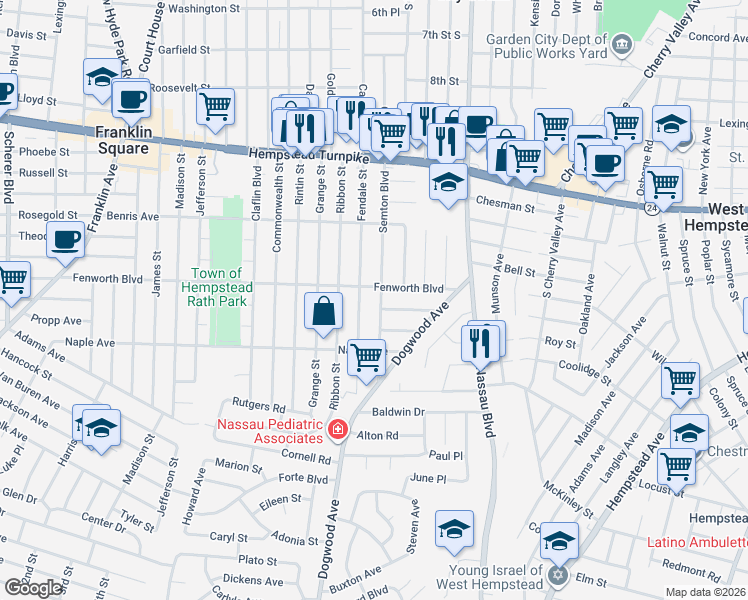 map of restaurants, bars, coffee shops, grocery stores, and more near 198 Semton Boulevard in Franklin Square
