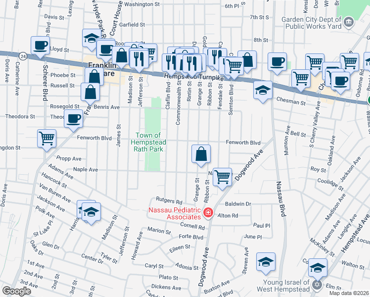 map of restaurants, bars, coffee shops, grocery stores, and more near 198 Commonwealth Street in Franklin Square