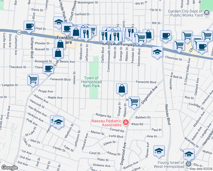 map of restaurants, bars, coffee shops, grocery stores, and more near 198 Commonwealth Street in Franklin Square