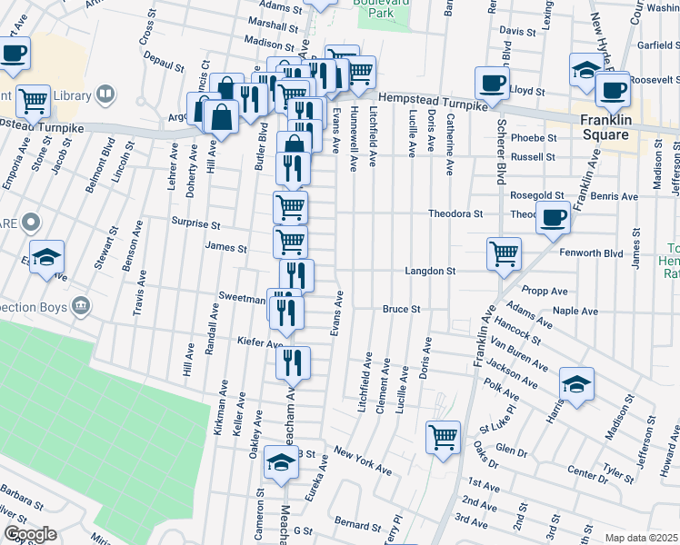 map of restaurants, bars, coffee shops, grocery stores, and more near 208 Evans Avenue in Elmont