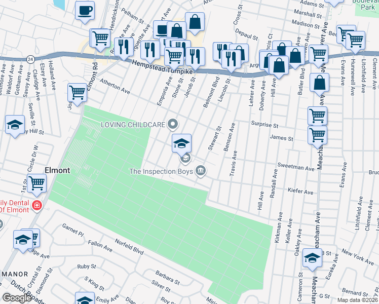 map of restaurants, bars, coffee shops, grocery stores, and more near 186 Lincoln Street in Elmont