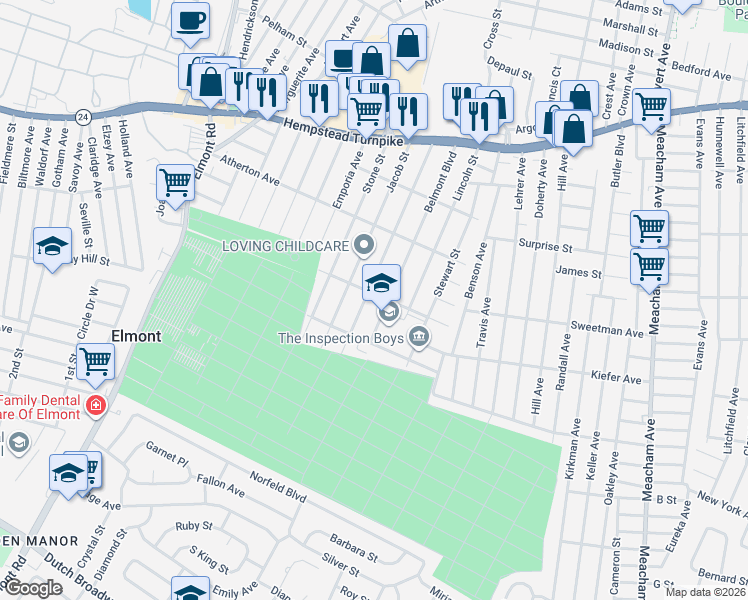 map of restaurants, bars, coffee shops, grocery stores, and more near 199 Franklin Street in Elmont