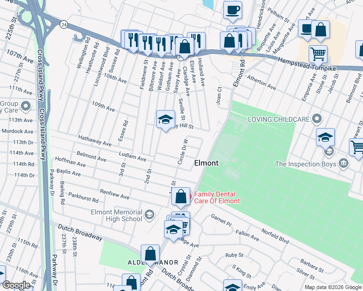 map of restaurants, bars, coffee shops, grocery stores, and more near 66 Circle Drive West in Elmont