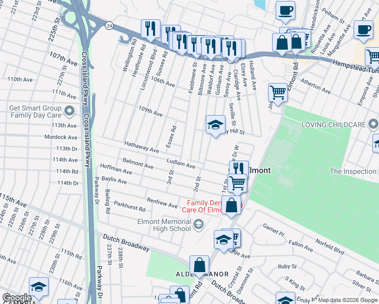 map of restaurants, bars, coffee shops, grocery stores, and more near 206 Fieldmere Street in Elmont