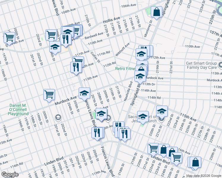map of restaurants, bars, coffee shops, grocery stores, and more near 21012 Murdock Avenue in Queens