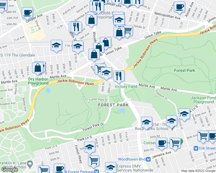 map of restaurants, bars, coffee shops, grocery stores, and more near 88-48 Myrtle Avenue in Queens