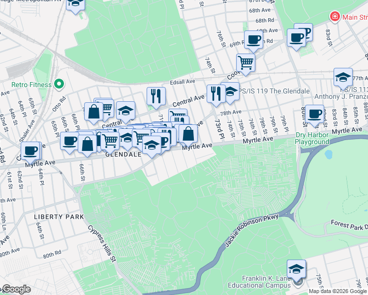 map of restaurants, bars, coffee shops, grocery stores, and more near 71-66 71st Place in Queens