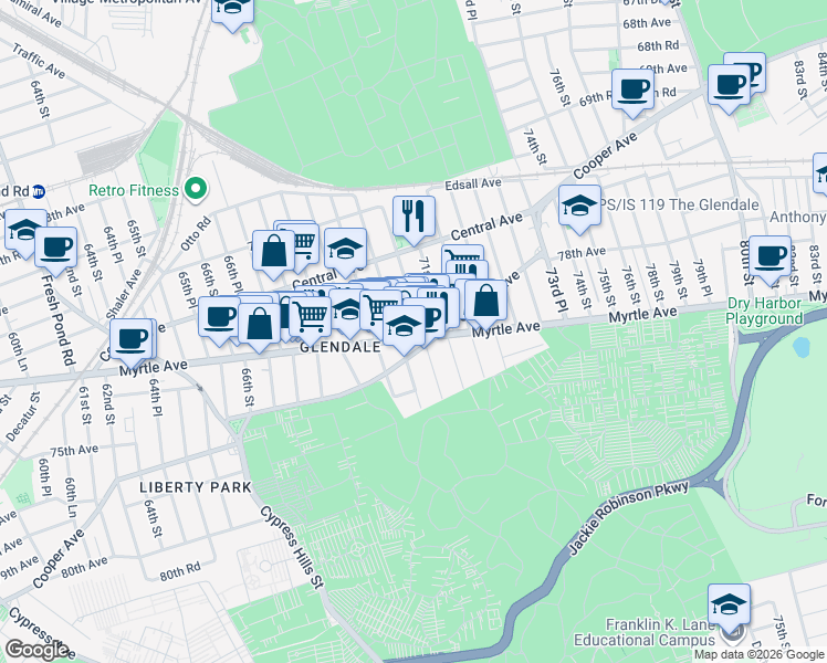 map of restaurants, bars, coffee shops, grocery stores, and more near in Queens