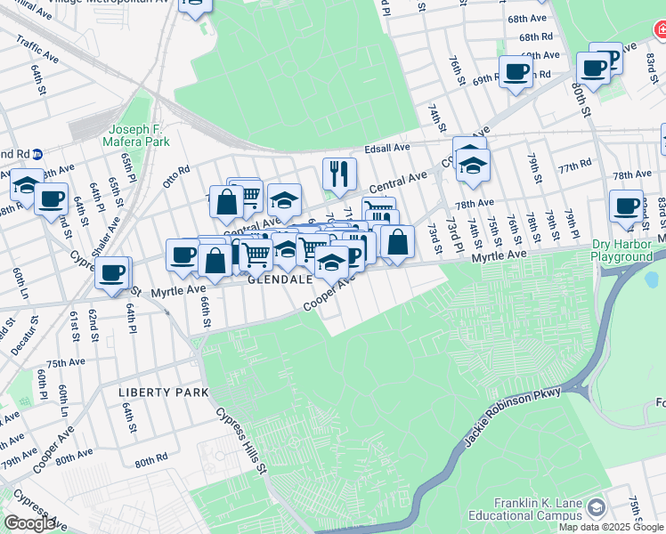 map of restaurants, bars, coffee shops, grocery stores, and more near in Queens