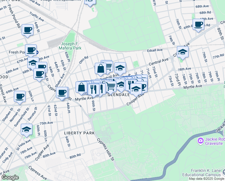 map of restaurants, bars, coffee shops, grocery stores, and more near 71-31 67th Place in Queens