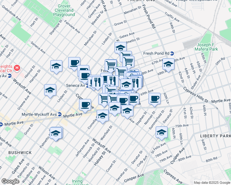 map of restaurants, bars, coffee shops, grocery stores, and more near 18-67 Cornelia Street in Queens
