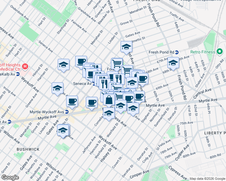 map of restaurants, bars, coffee shops, grocery stores, and more near 792 Onderdonk Avenue in Queens
