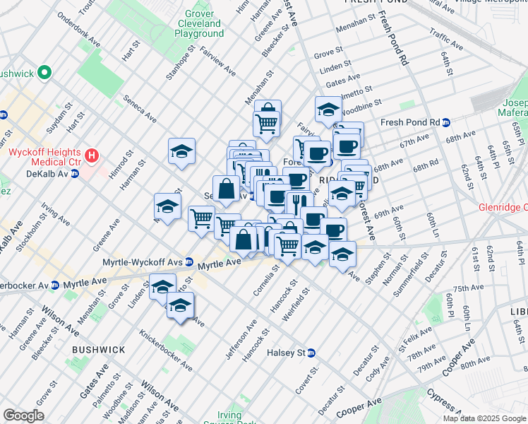 map of restaurants, bars, coffee shops, grocery stores, and more near 18-14 Woodbine Street in Queens