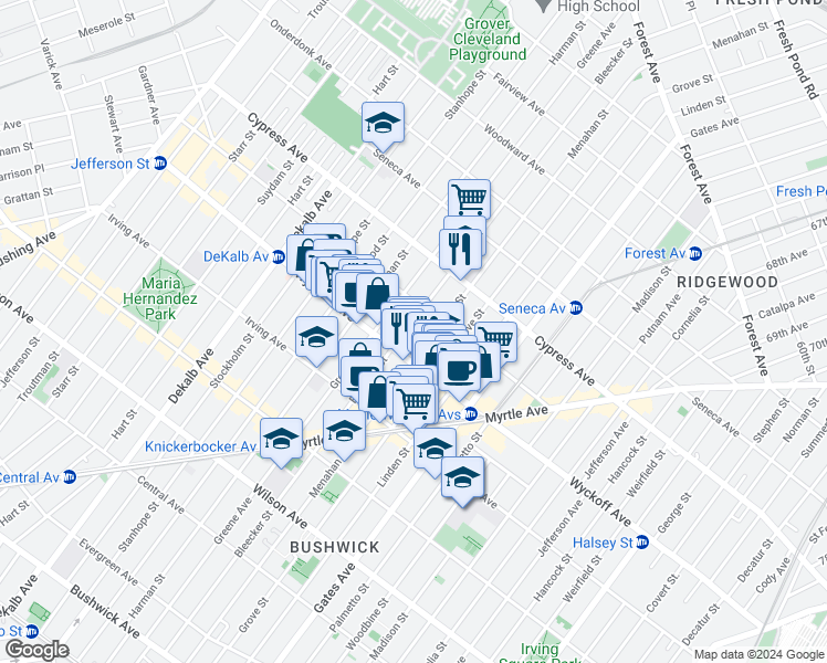 map of restaurants, bars, coffee shops, grocery stores, and more near 397 Bleecker Street in Brooklyn