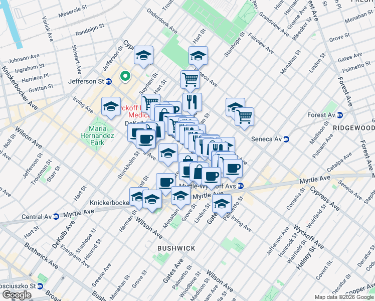 map of restaurants, bars, coffee shops, grocery stores, and more near 1455 Greene Avenue in Brooklyn