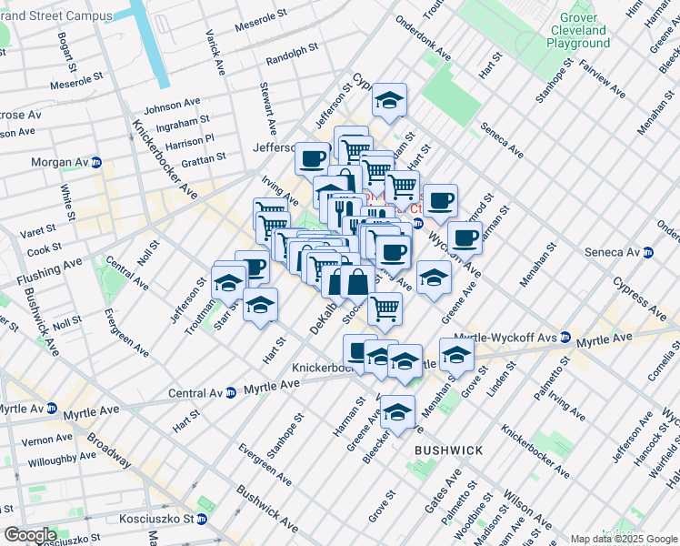 map of restaurants, bars, coffee shops, grocery stores, and more near 1535 Dekalb Avenue in Brooklyn