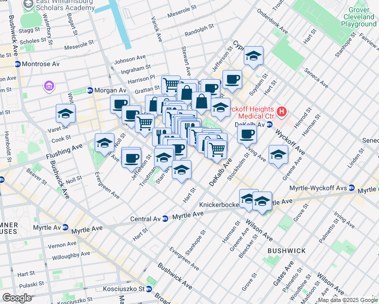 map of restaurants, bars, coffee shops, grocery stores, and more near 101 Starr Street in Brooklyn