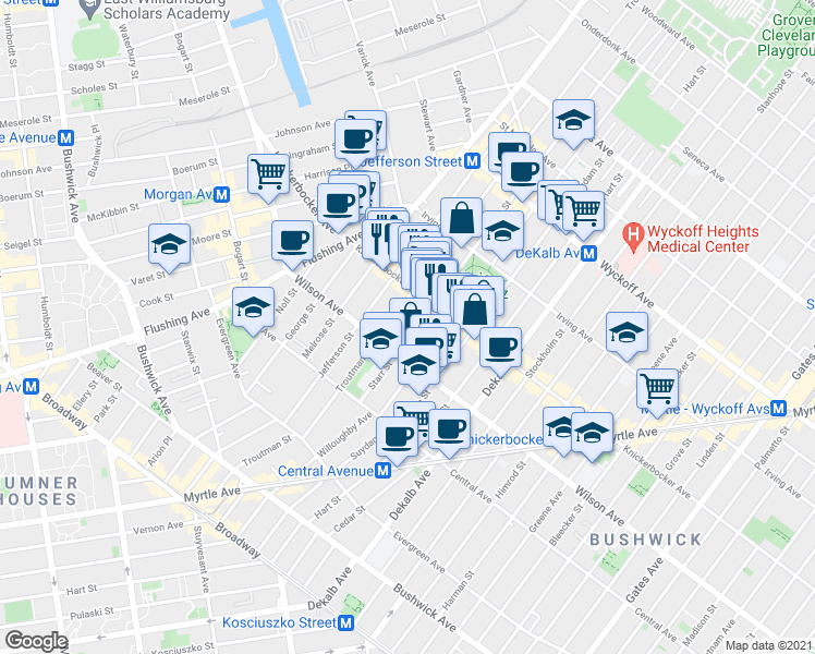 map of restaurants, bars, coffee shops, grocery stores, and more near 244 Knickerbocker Avenue in Brooklyn