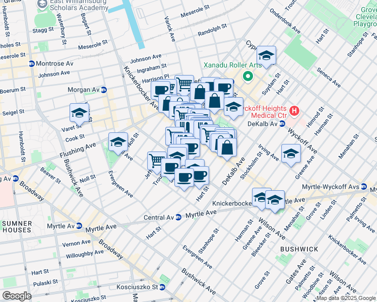map of restaurants, bars, coffee shops, grocery stores, and more near 101 Starr Street in Brooklyn