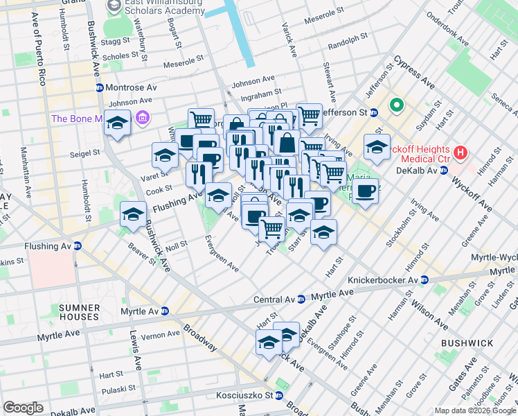 map of restaurants, bars, coffee shops, grocery stores, and more near 85 George Street in Brooklyn