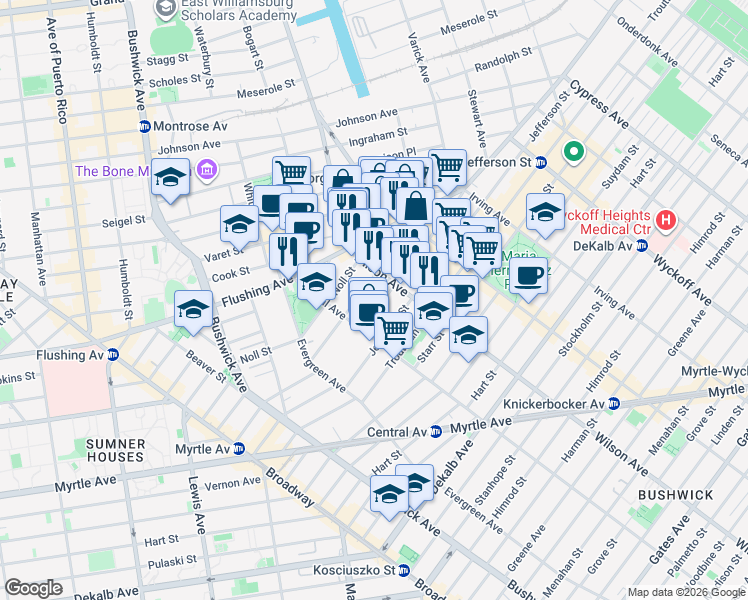 map of restaurants, bars, coffee shops, grocery stores, and more near 85 George Street in Brooklyn