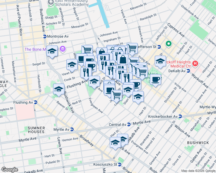 map of restaurants, bars, coffee shops, grocery stores, and more near 85 George Street in Brooklyn