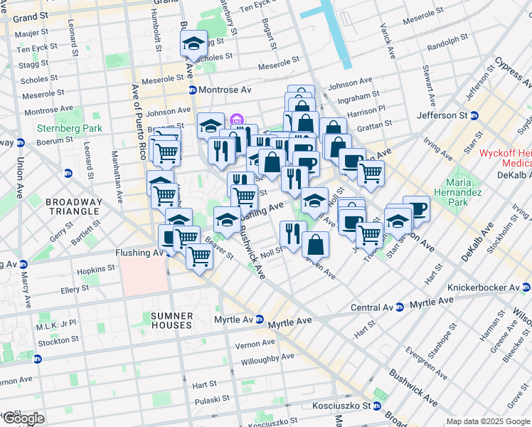 map of restaurants, bars, coffee shops, grocery stores, and more near 945 Flushing Avenue in Brooklyn